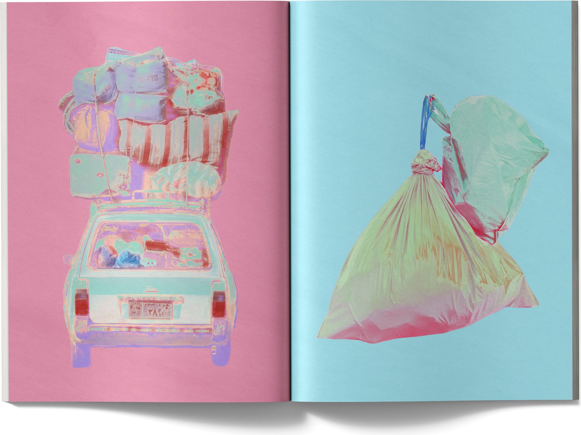 Performing Identity, catalogue spreads with a loaded car and a plastic bag on pink and blue pages