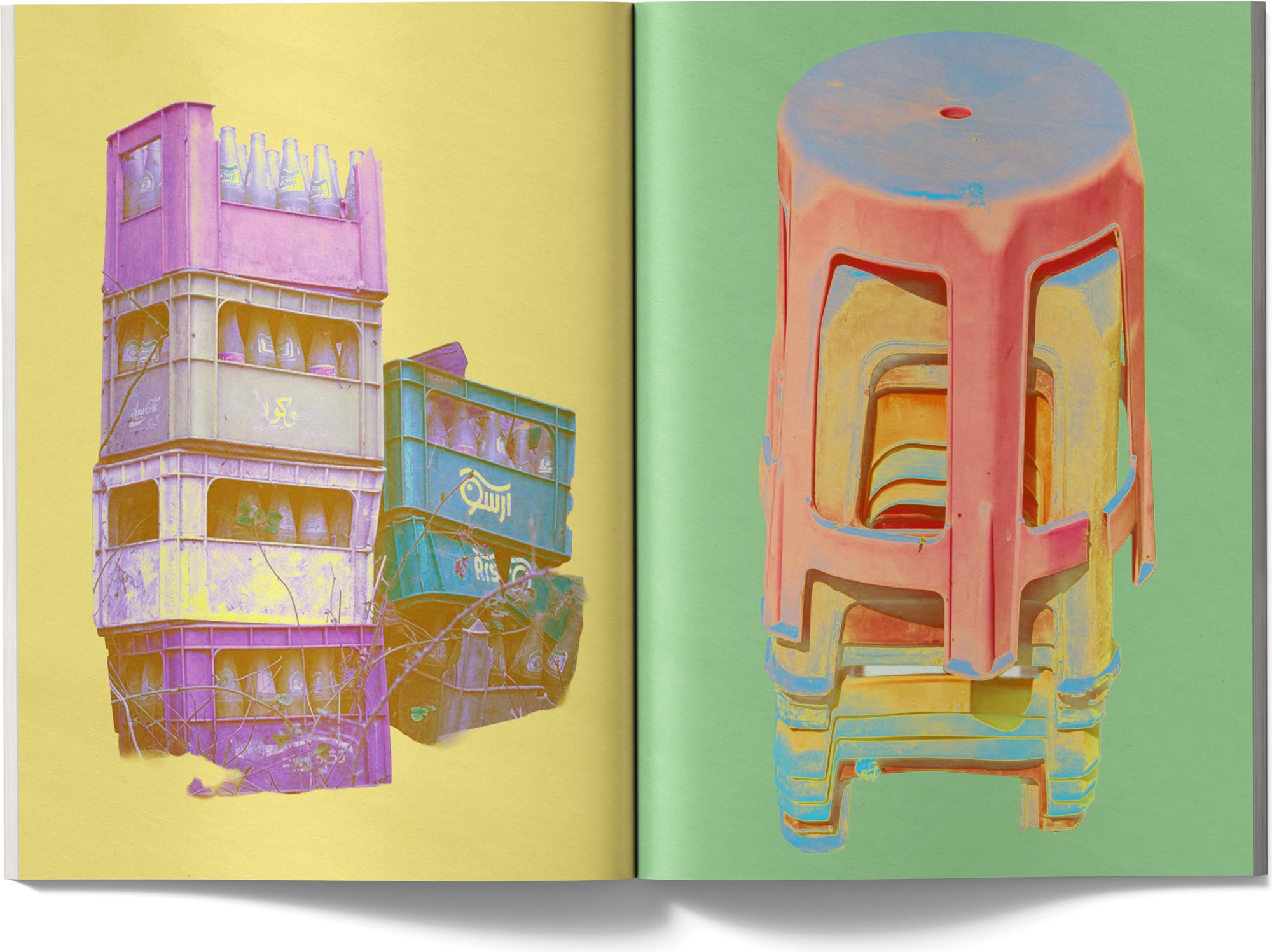 Performing Identity, catalogue spreads with bottle crates and stacked stools on yellow and green pages