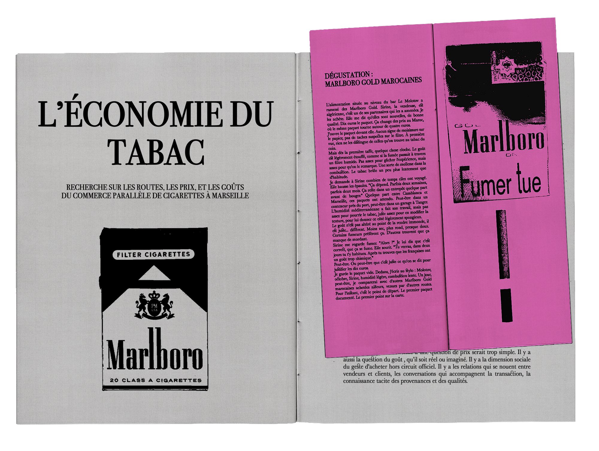 L'Économie du tabac, open book with a pink insert